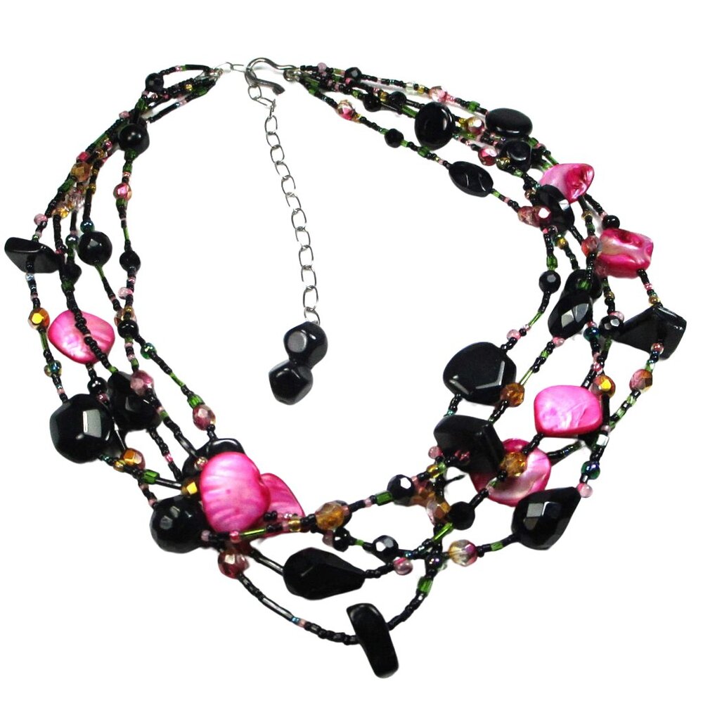 Handmade Black, Pink, Green & Copper 5-Strand Beaded Necklace, 18.5" / 5" Extend